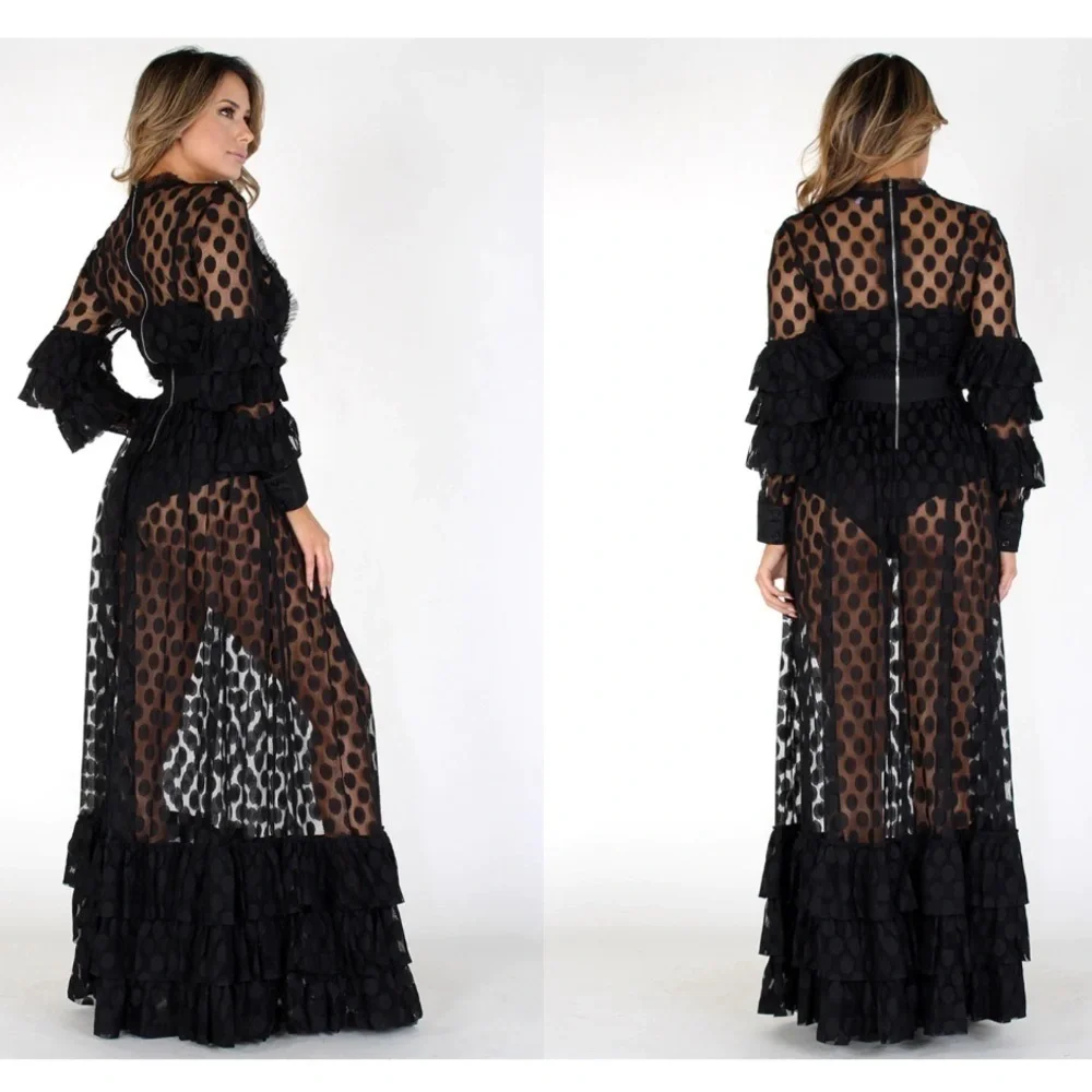 SHEER MESH POLKA DOT TIERED RUFFLE DRESS - Picture 2 of 15